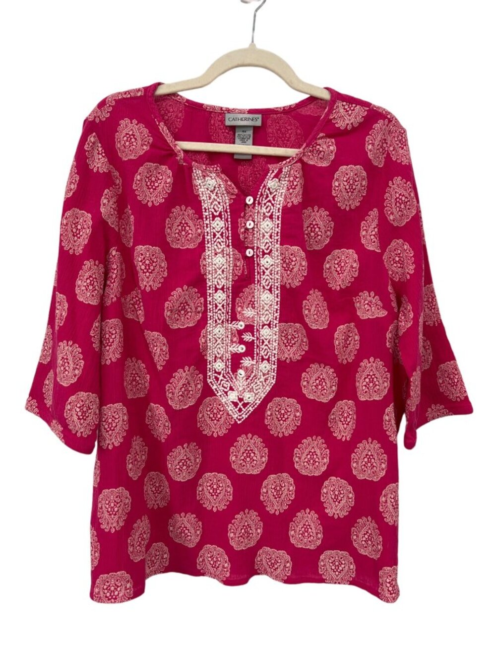 Catherines Tunic Top Size 0X Embroidered Gauze Pink White Printed Boho Peasant